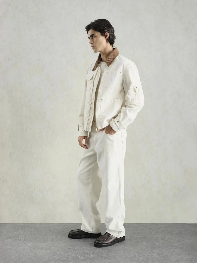 Giesto Cream Natural GIESTO Collar Detailed Seasonal Jacket with Pockets for Men | Best Price UAE